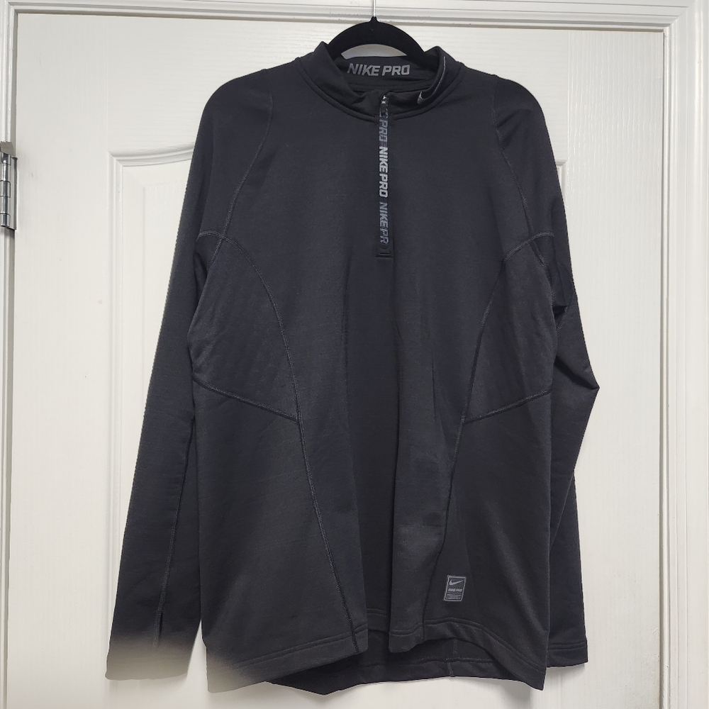 Nike Pro Hyperwarm Shirt Mens Large FITTED Black Long Sleeve 1/4 Zip Dri Fit